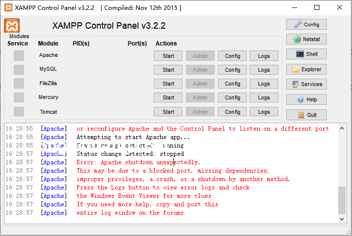 xampp启动错误提示Apache shutdown unexpectedly的解决方法